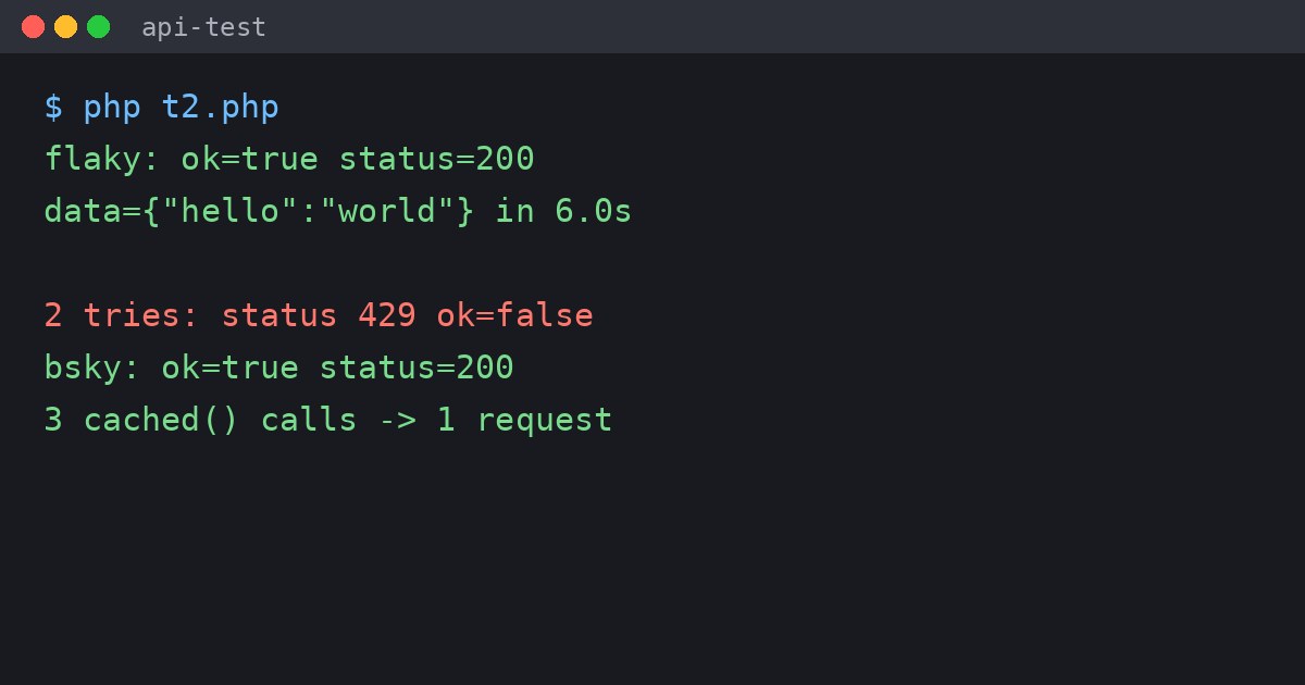 Terminal showing a PHP API request succeeding after two 429 responses