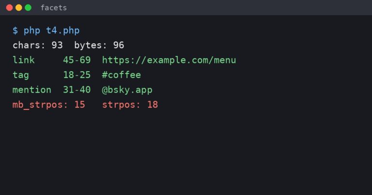 Terminal output showing Bluesky facet byte positions