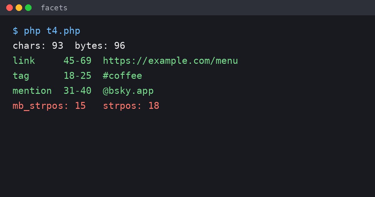 Terminal output showing Bluesky facet byte positions