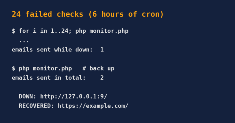 Terminal output showing 1 email sent over 24 failed checks and 2 in total after recovery