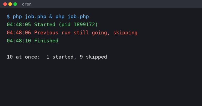 Terminal output showing a second PHP cron run being skipped