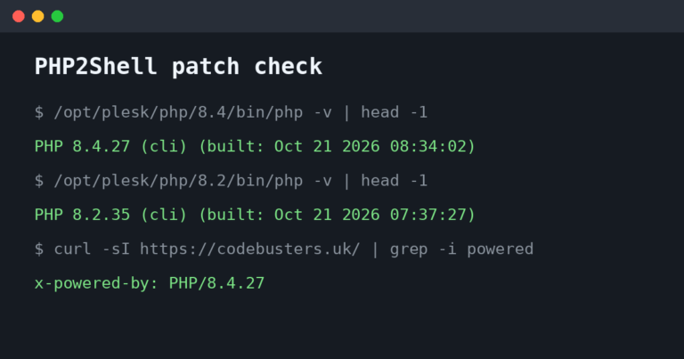 Terminal output showing PHP 8.4.27 and 8.2.35 installed and the live site header reporting PHP/8.4.27